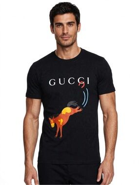 Gucci Black Men’s Tee with Colorful Horse Graphic